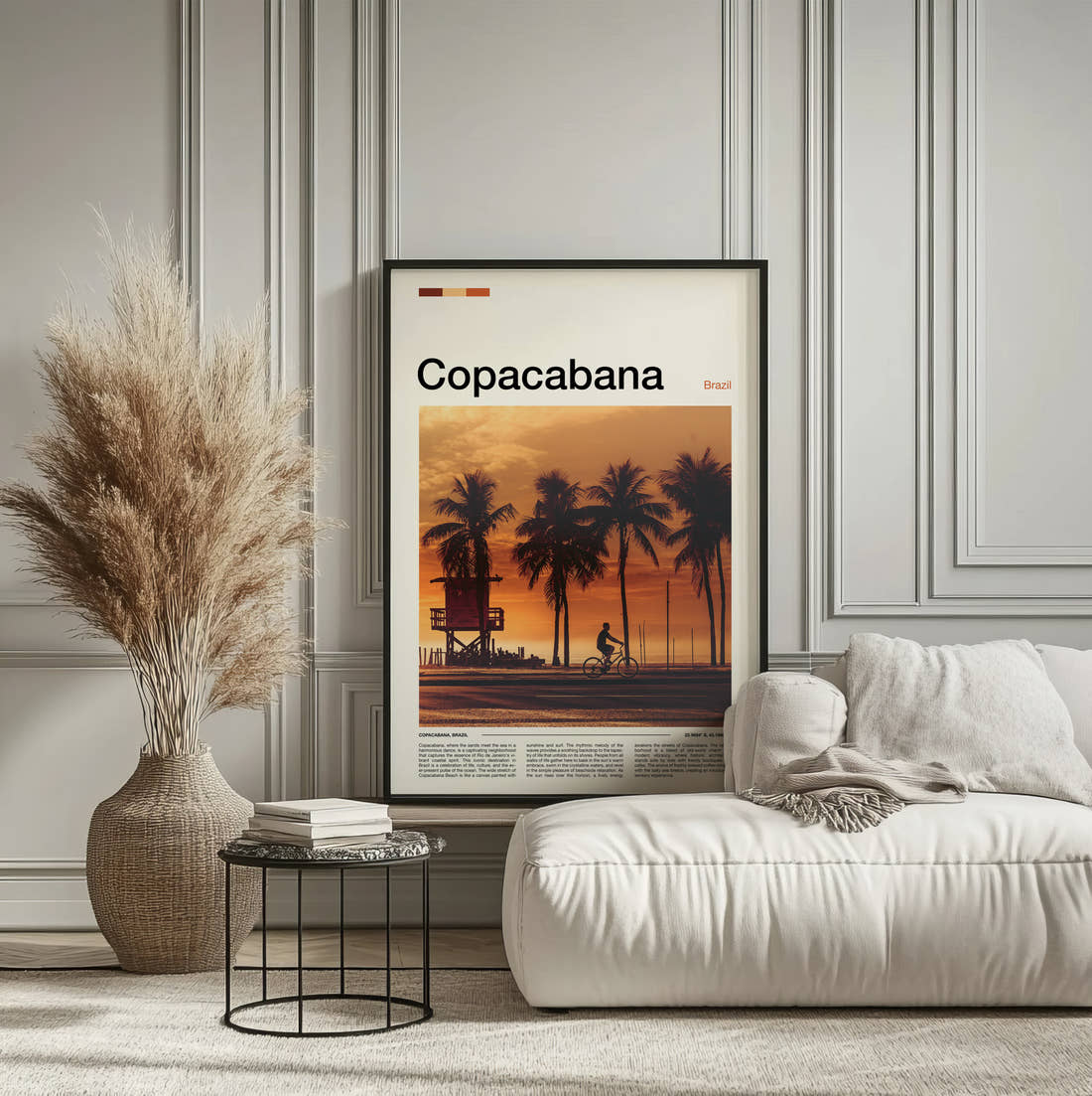 Copacabana Palm Trees At Sunset Travel Print framed on the wall of a calm, neutral bedroom