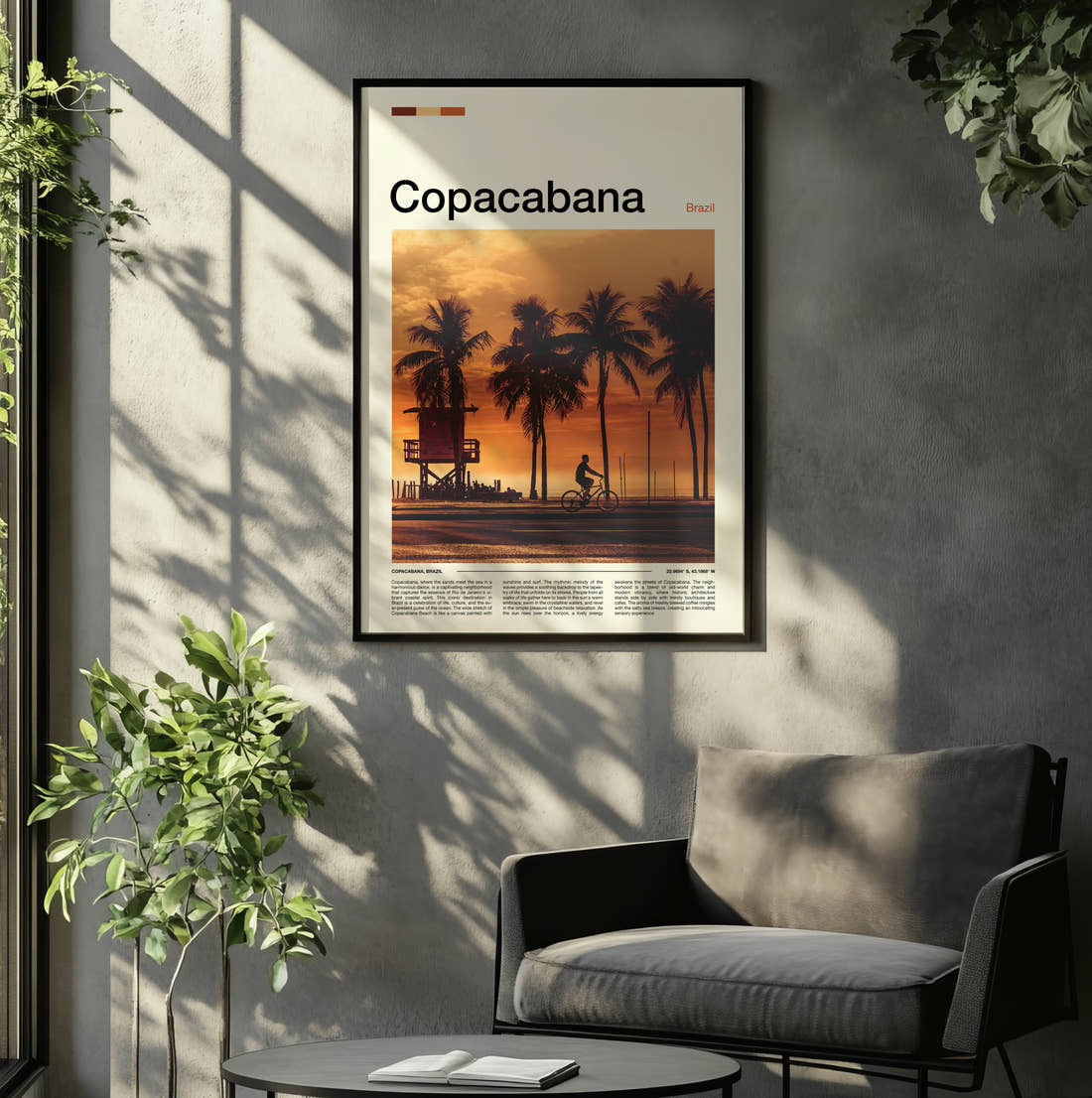 Copacabana Palm Trees At Sunset Travel Print framed on the wall of a relaxed living room
