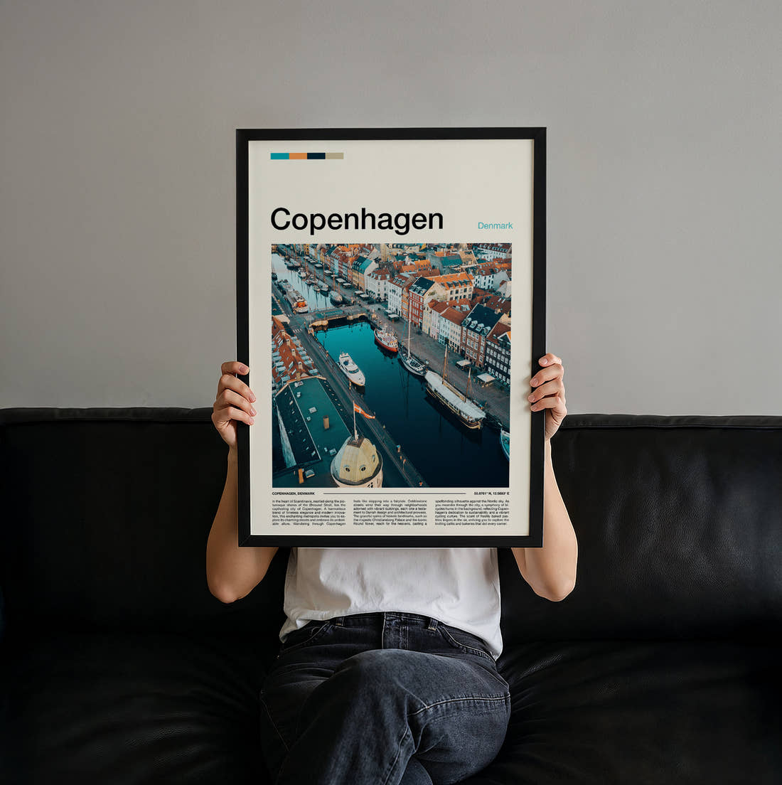Copenhagen Nyhavn From Above Travel Print held up by hand to show the size of the print