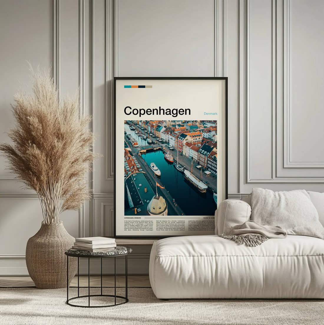 Copenhagen Nyhavn From Above Travel Print framed on the wall of a calm, neutral bedroom