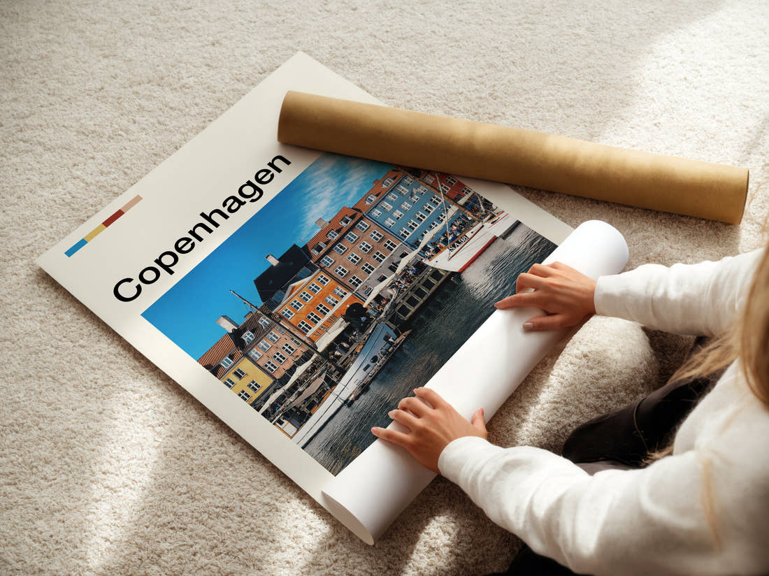Copenhagen Nyhavn Colourful Facades Travel Print being unrolled from its postal tube