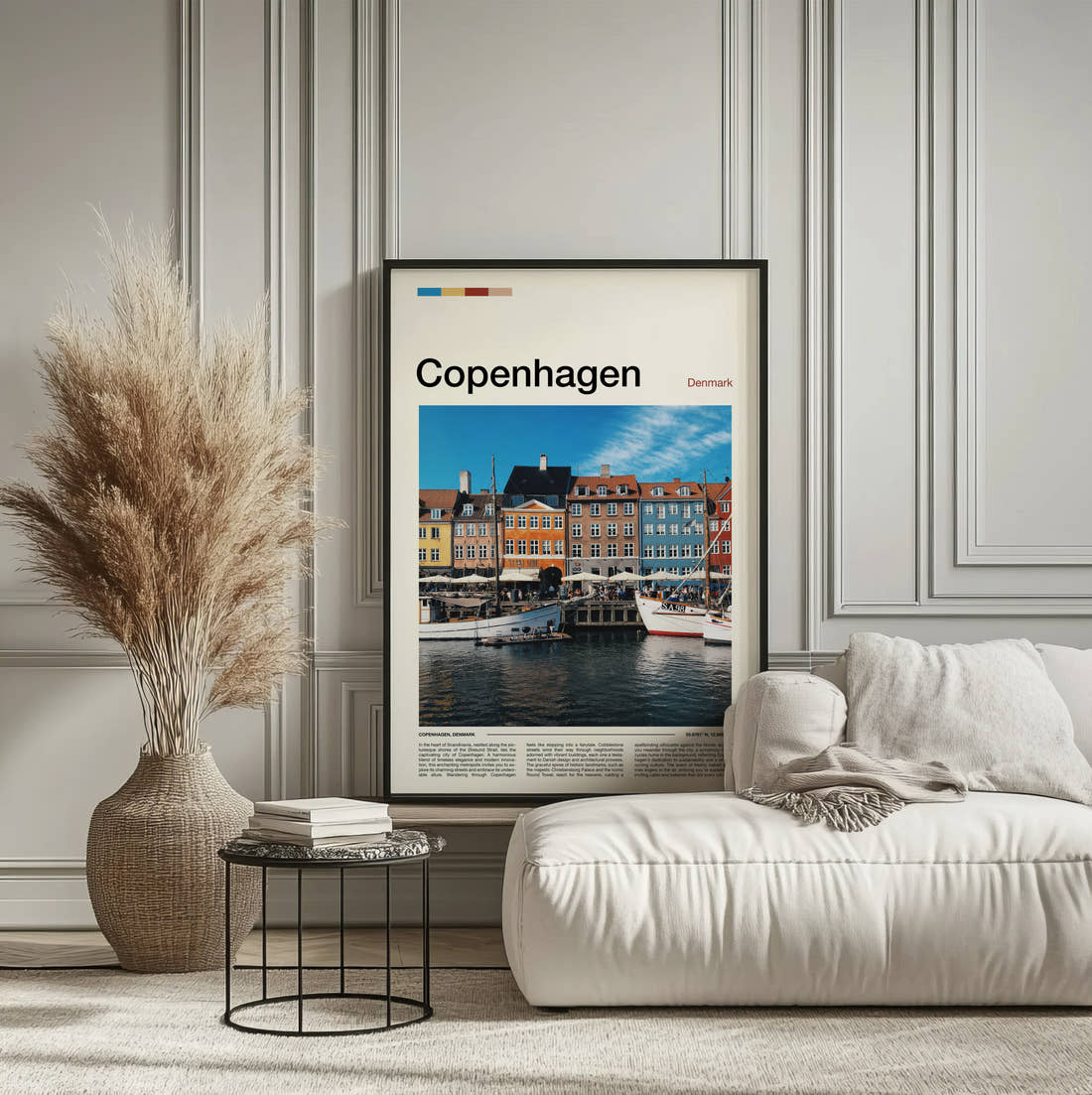 Copenhagen Nyhavn Colourful Facades Travel Print framed on the wall of a calm, neutral bedroom