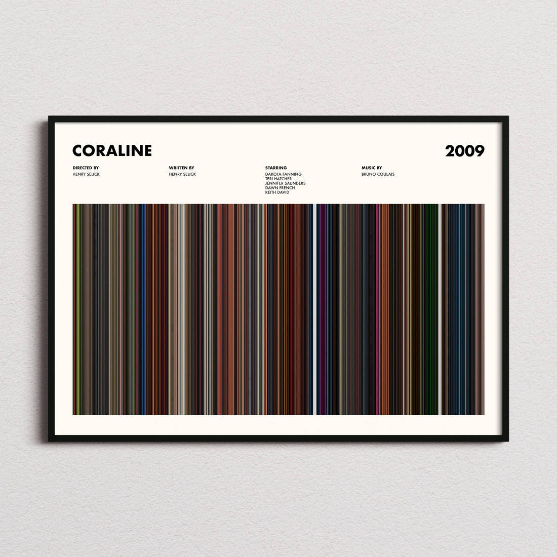 Coraline Movie Barcode Poster framed and photographed straight on