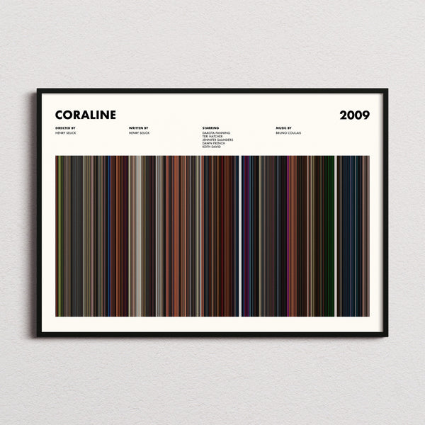 Coraline Movie Barcode Poster framed and photographed straight on