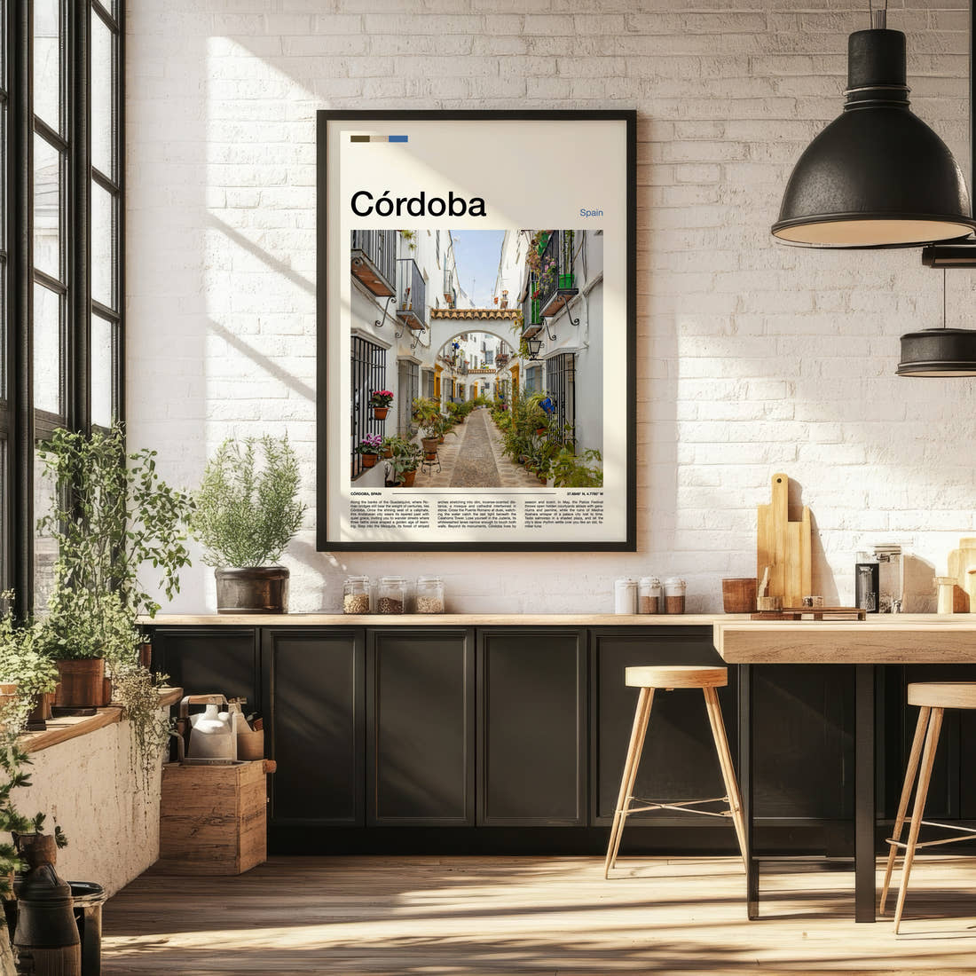 Córdoba Flower-Filled Alleyway Travel Print framed on the wall of a bright kitchen and dining space