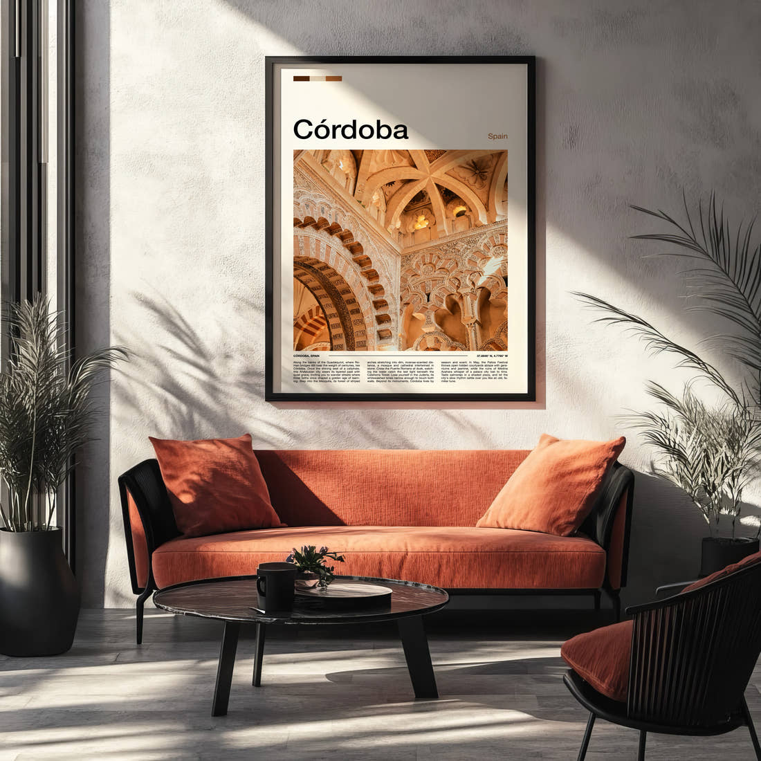 Córdoba Ornate Mezquita Arches Travel Print framed on the wall of a modern living room