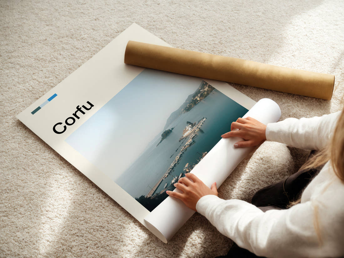 Corfu Monastery Islet Harbour Travel Print being unrolled from its postal tube