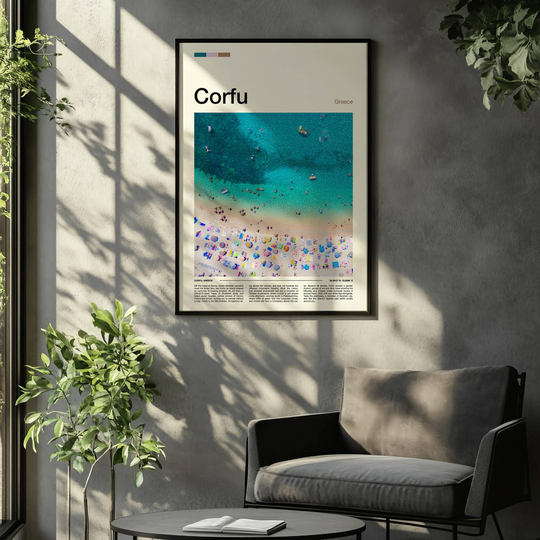 Corfu Aerial Beach View Travel Print framed on the wall of a relaxed living room