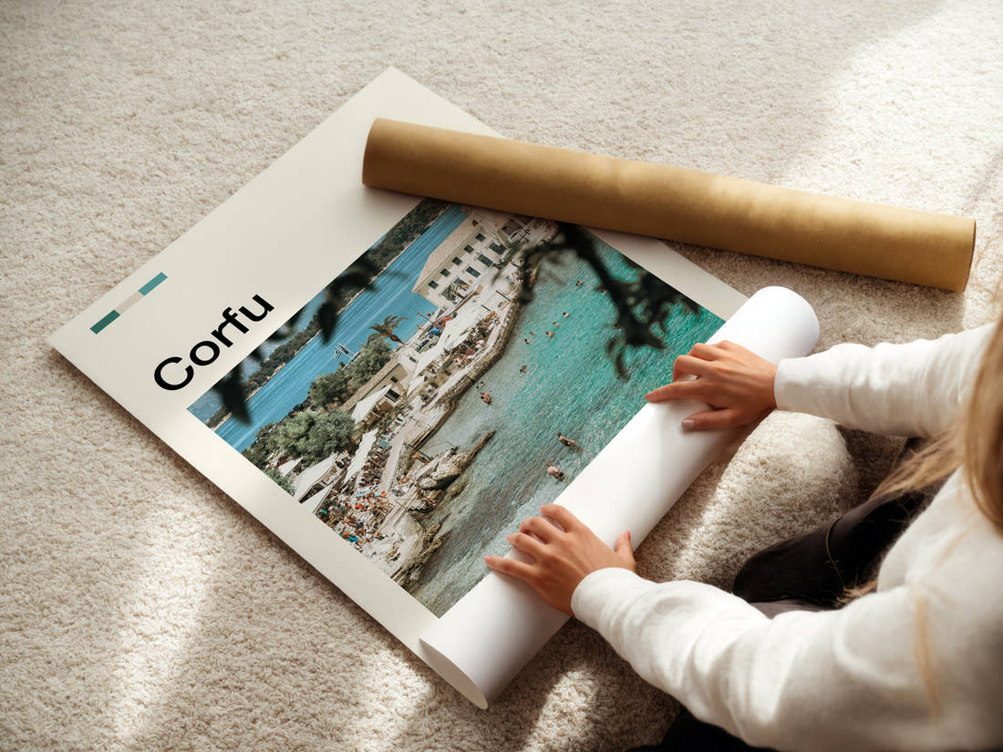 Corfu Turquoise Harbour Cove Travel Print being unrolled from its postal tube