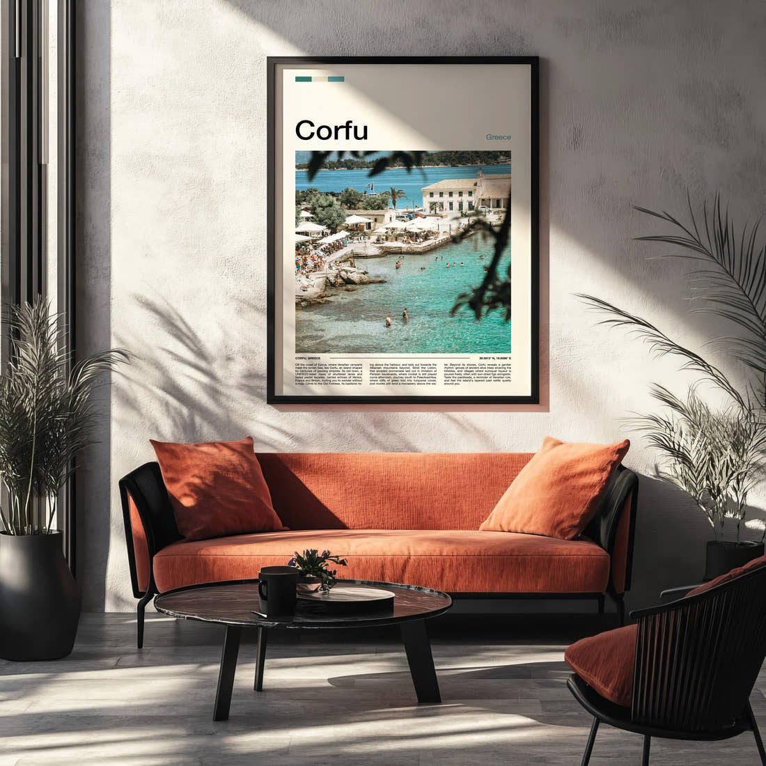 Corfu Turquoise Harbour Cove Travel Print framed on the wall of a modern living room