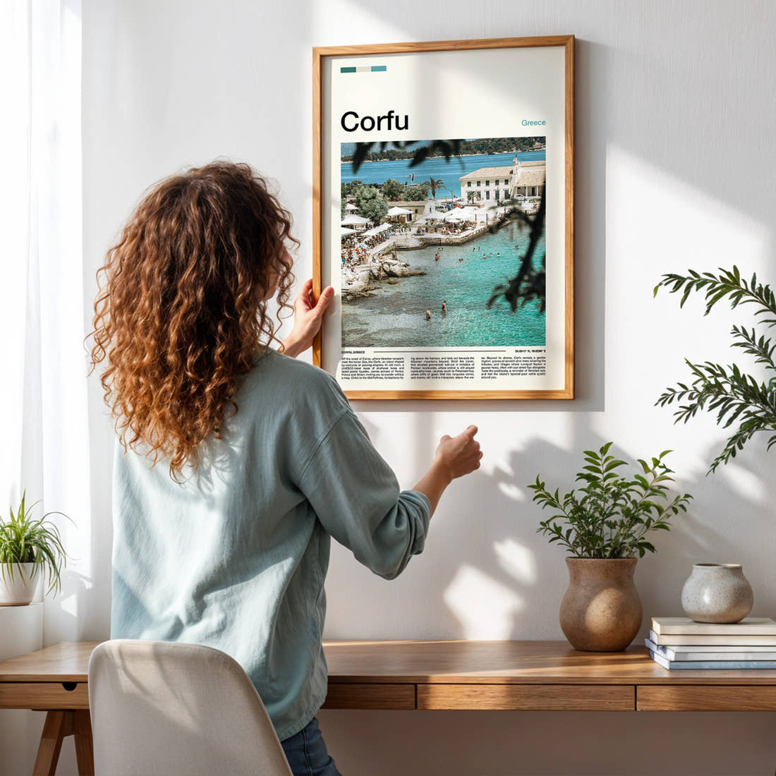 Corfu Turquoise Harbour Cove Travel Print framed on a pale wall beside houseplants