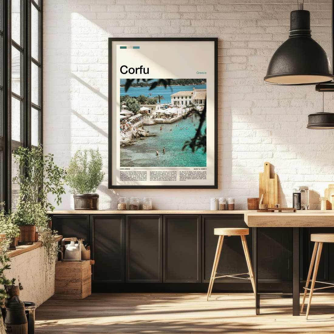 Corfu Turquoise Harbour Cove Travel Print framed on the wall of a bright kitchen and dining space
