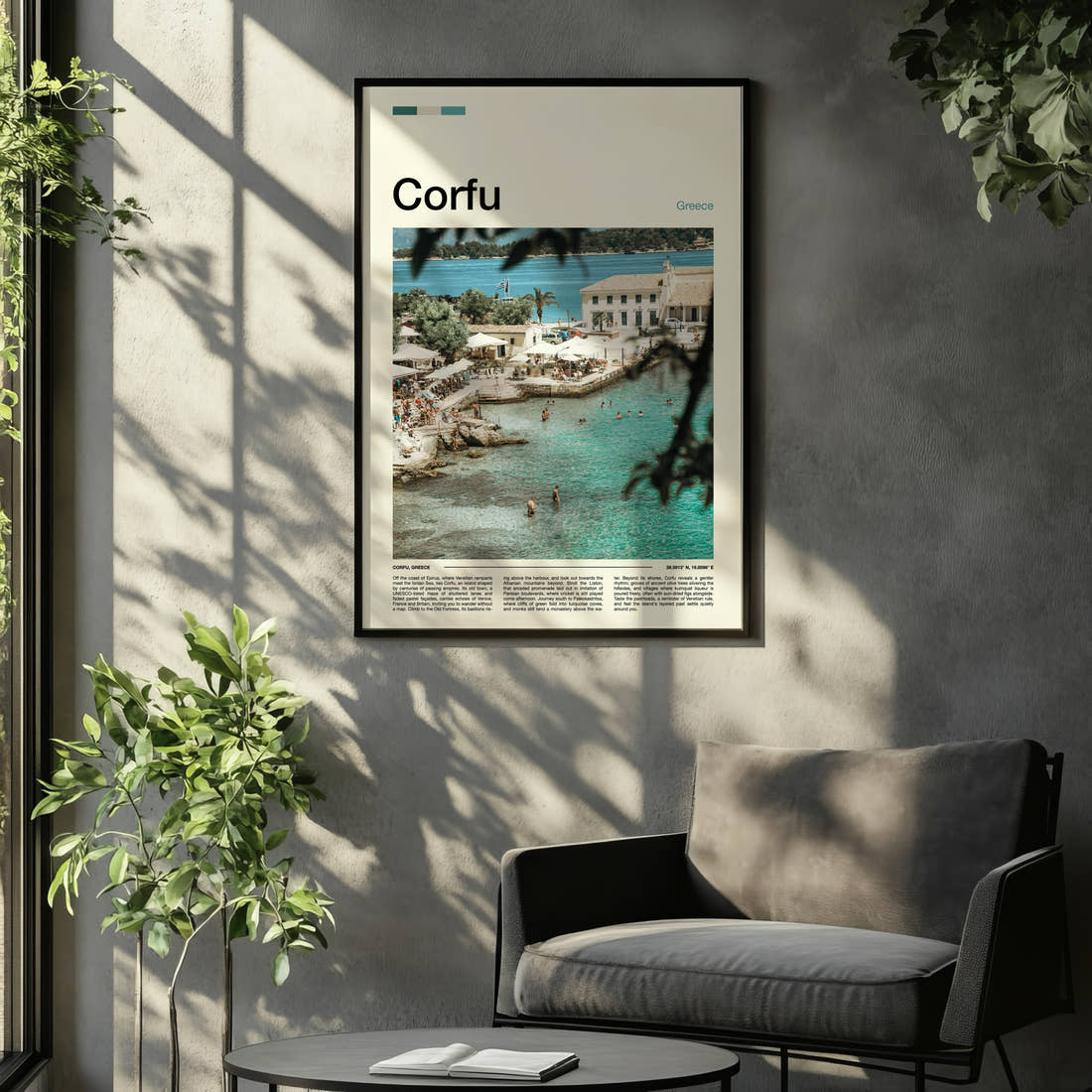 Corfu Turquoise Harbour Cove Travel Print framed on the wall of a relaxed living room