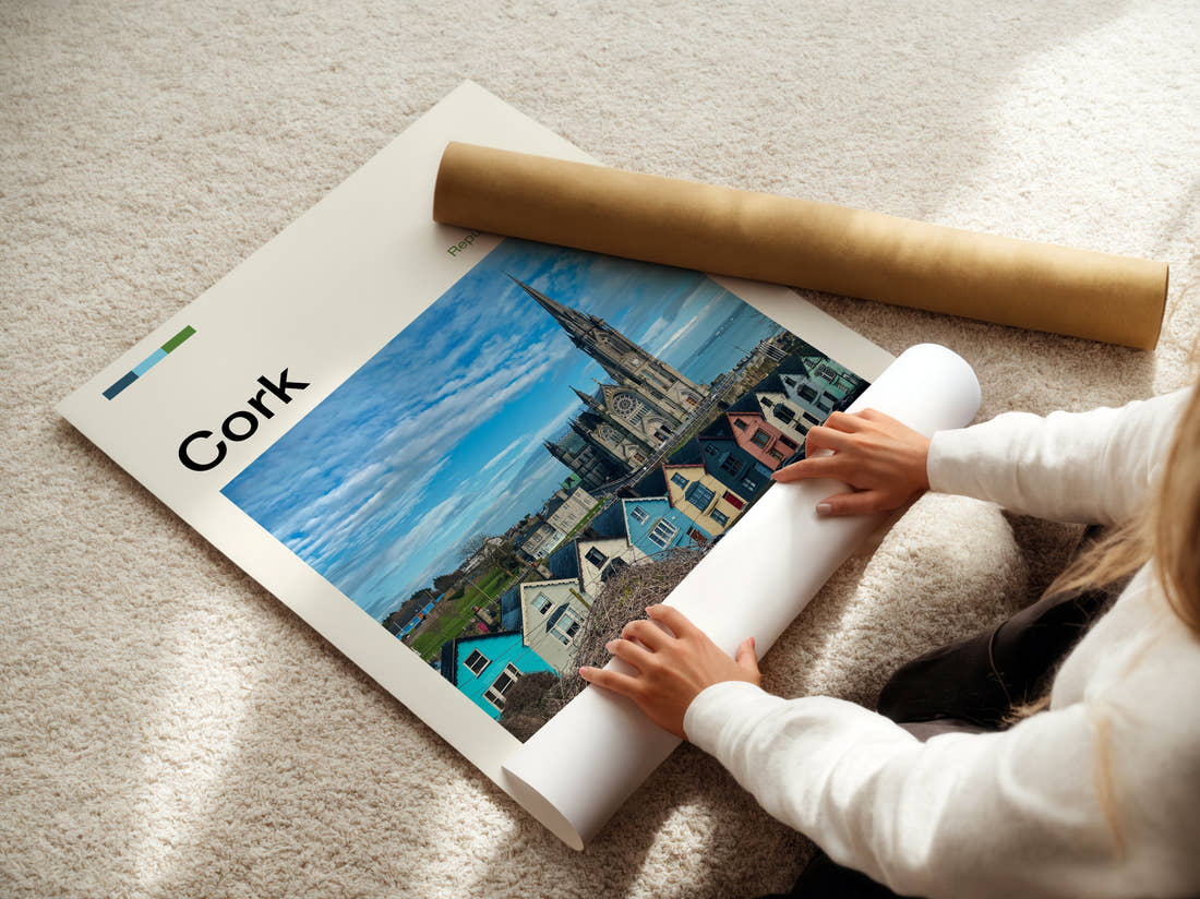 Cork St Colman's Cathedral Travel Print being unrolled from its postal tube