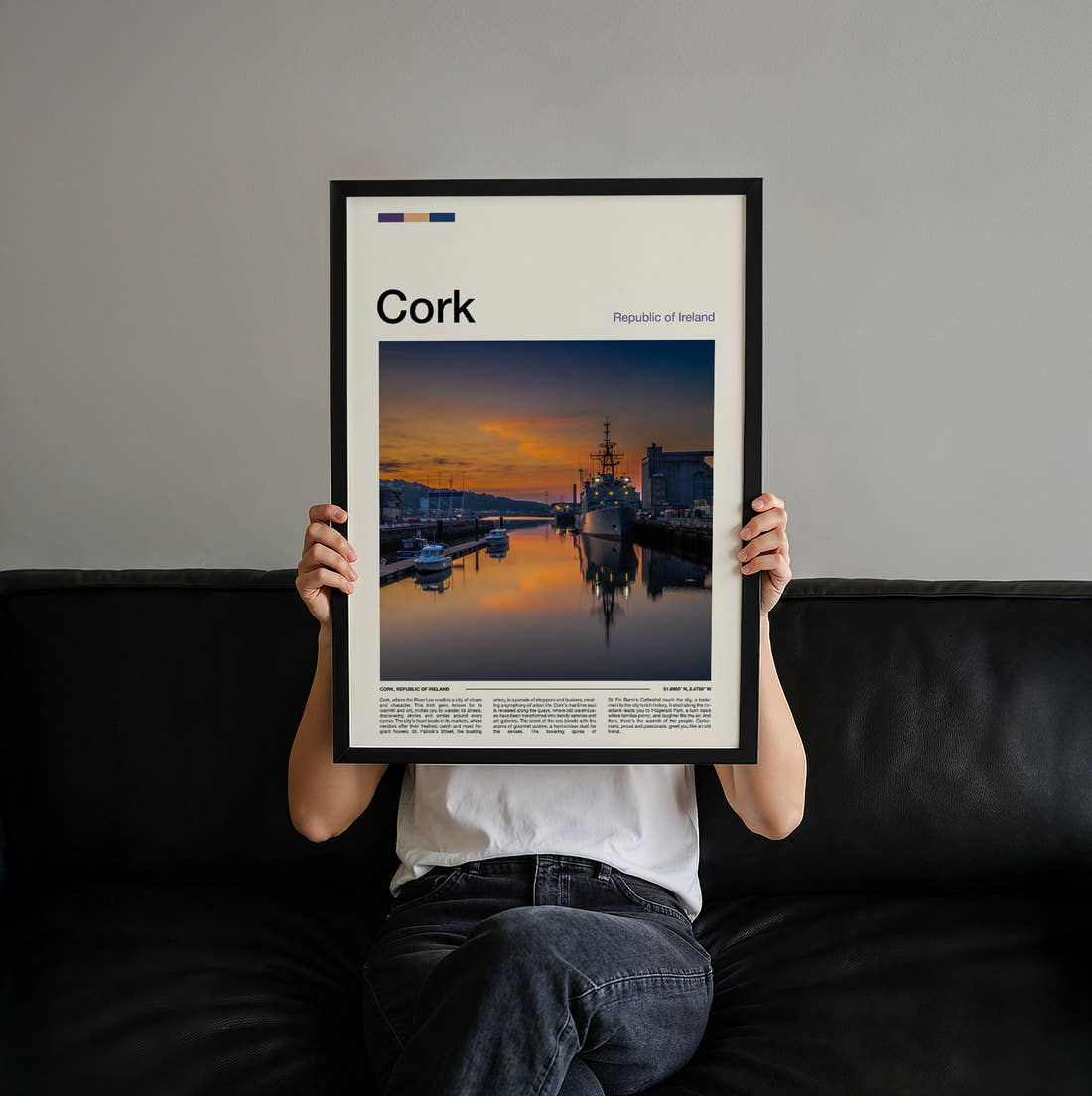 Cork Naval Ship At Sunset Travel Print held up by hand to show the size of the print