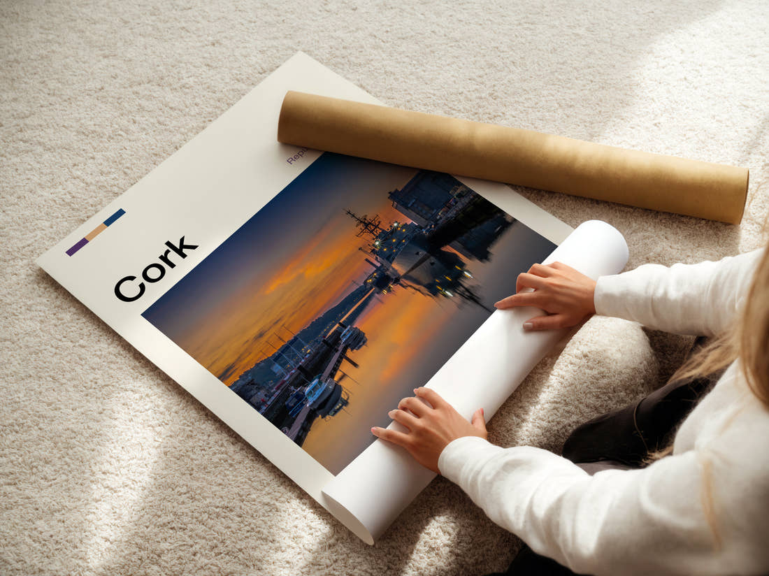 Cork Naval Ship At Sunset Travel Print being unrolled from its postal tube