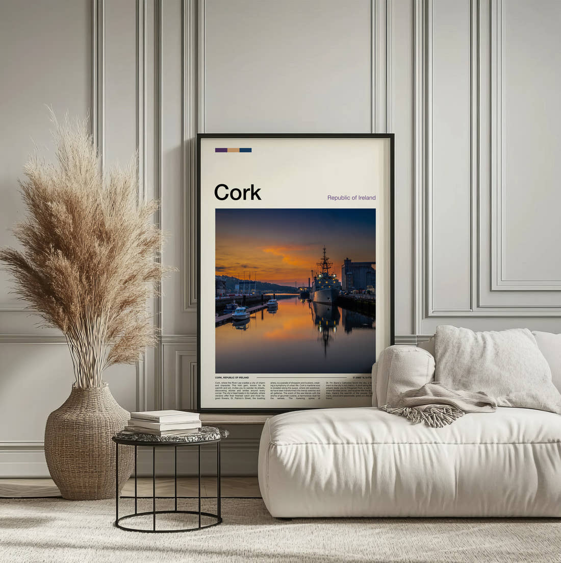 Cork Naval Ship At Sunset Travel Print framed on the wall of a calm, neutral bedroom
