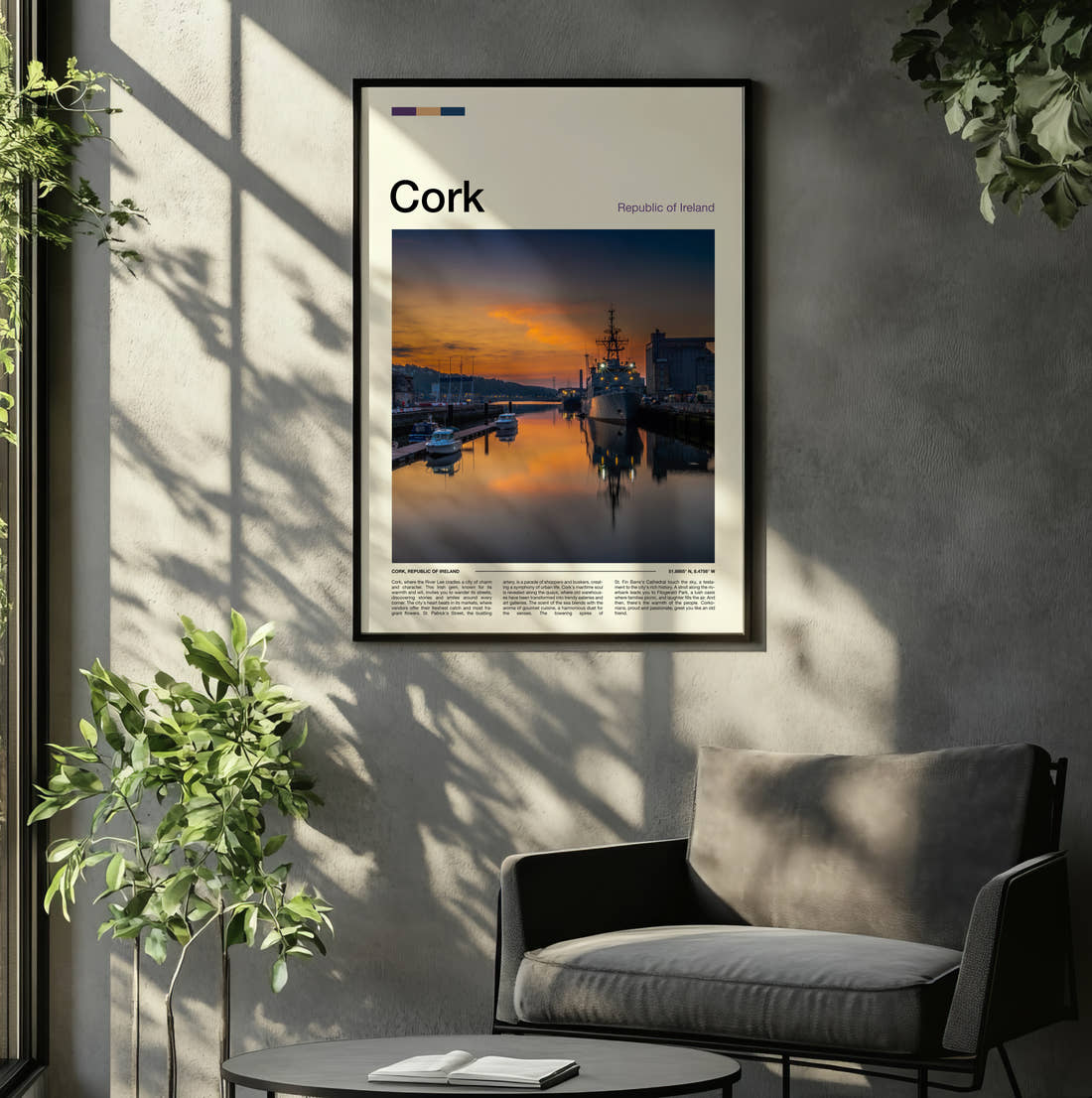 Cork Naval Ship At Sunset Travel Print framed on the wall of a relaxed living room
