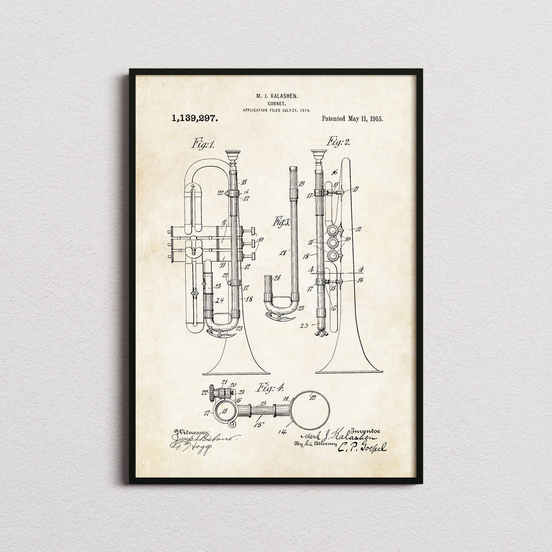 Cornet Patent Print in the aged paper colourway, framed