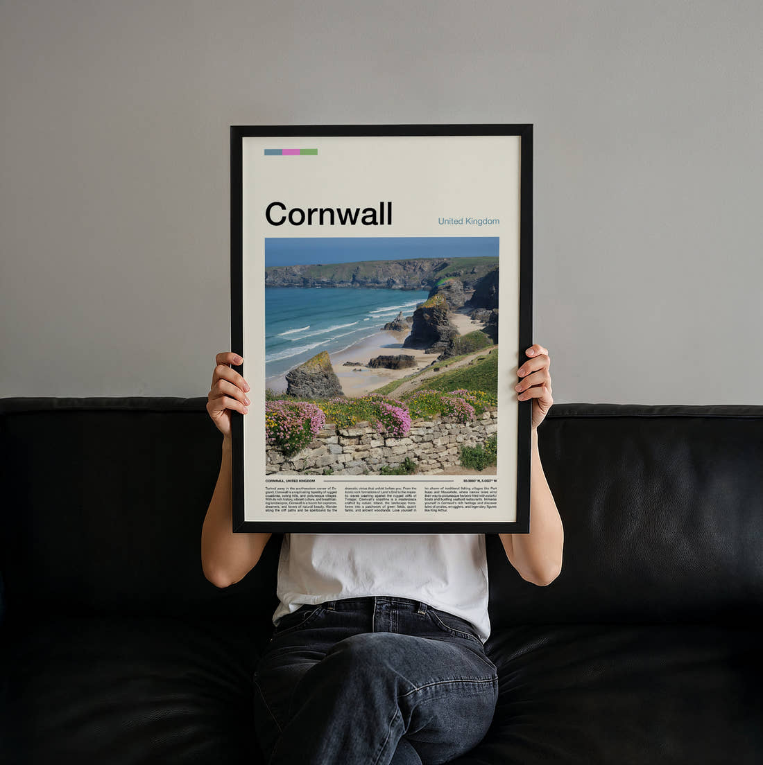 Cornwall Bedruthan Steps Travel Print held up by hand to show the size of the print