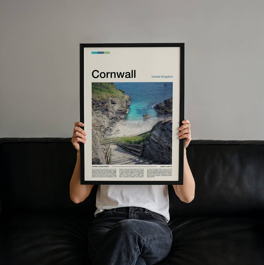Cornwall Steps Down To The Cove Travel Print held up by hand to show the size of the print
