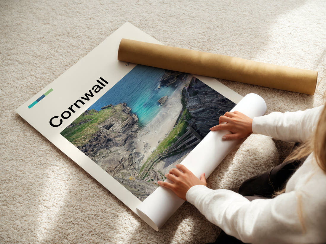 Cornwall Steps Down To The Cove Travel Print being unrolled from its postal tube