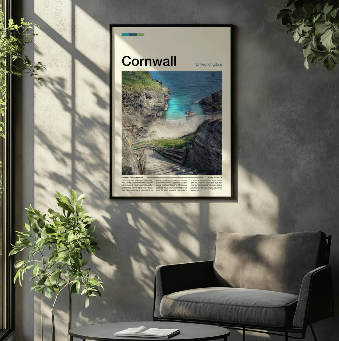 Cornwall Steps Down To The Cove Travel Print framed on the wall of a relaxed living room