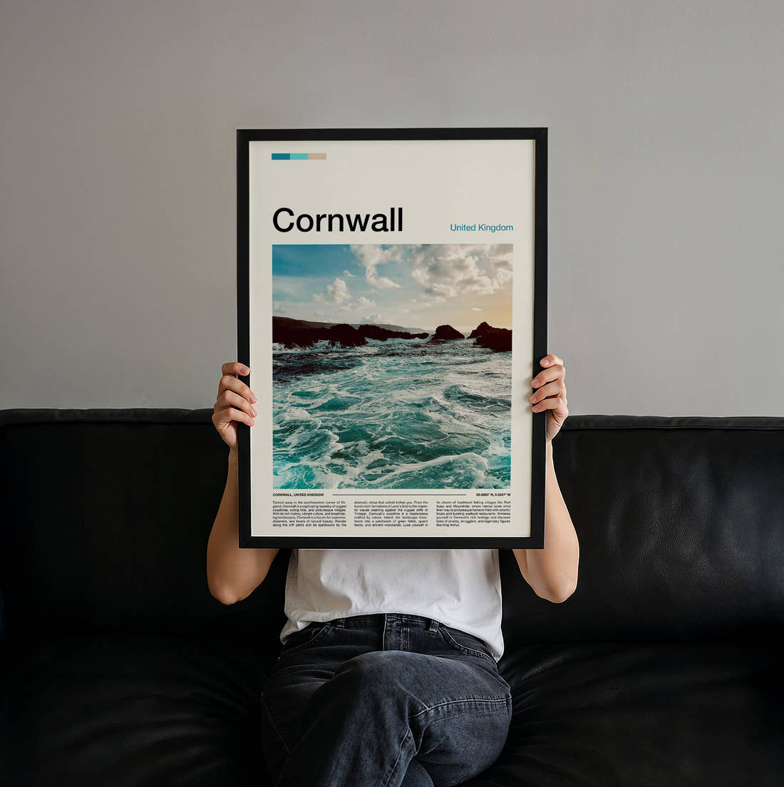 Cornwall Waves On The Rocks Travel Print held up by hand to show the size of the print