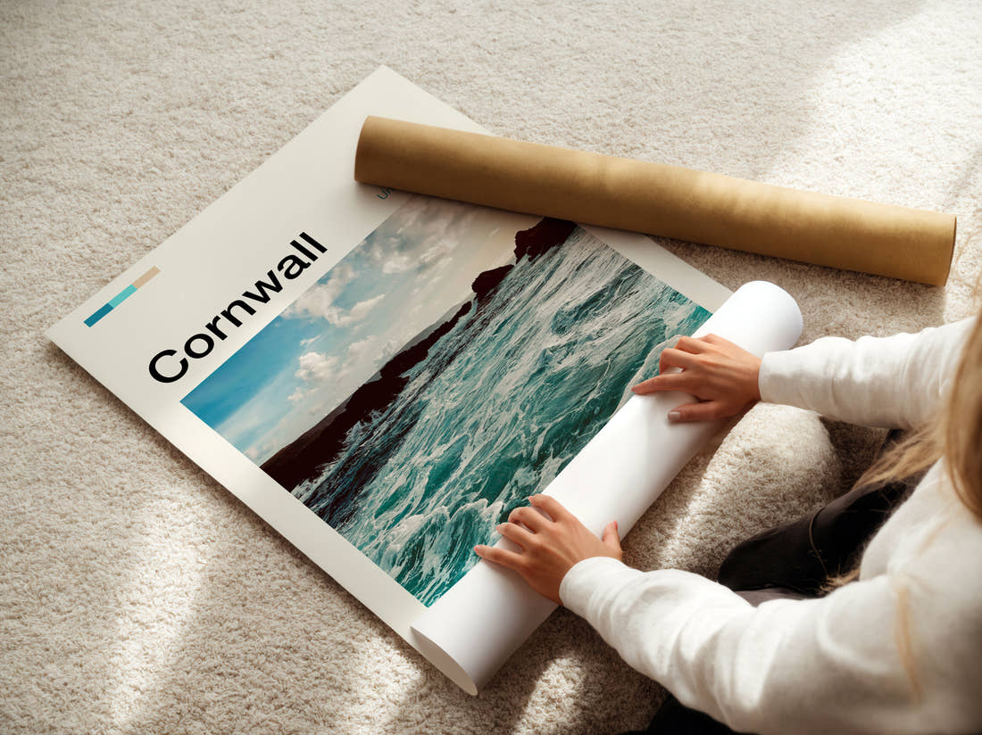 Cornwall Waves On The Rocks Travel Print being unrolled from its postal tube