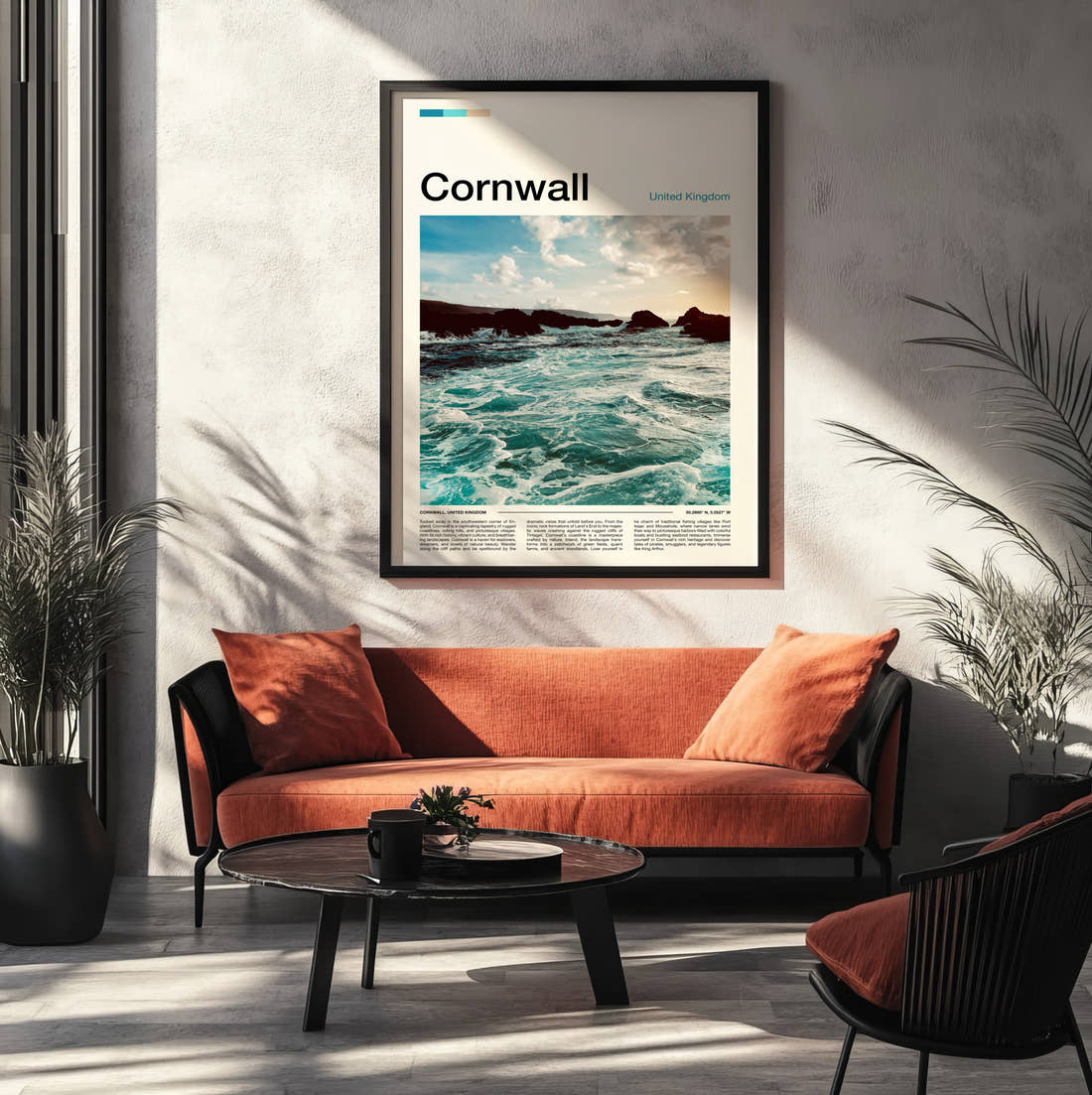 Cornwall Waves On The Rocks Travel Print framed on the wall of a modern living room