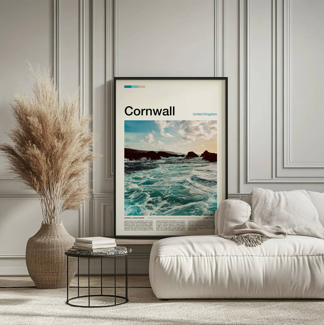 Cornwall Waves On The Rocks Travel Print framed on the wall of a calm, neutral bedroom