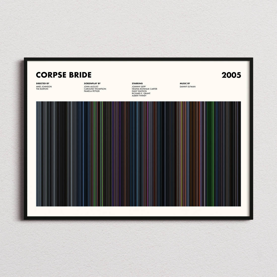 Corpse Bride Movie Barcode Poster framed and photographed straight on