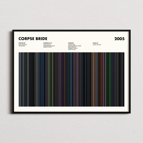 Corpse Bride Movie Barcode Poster framed and photographed straight on