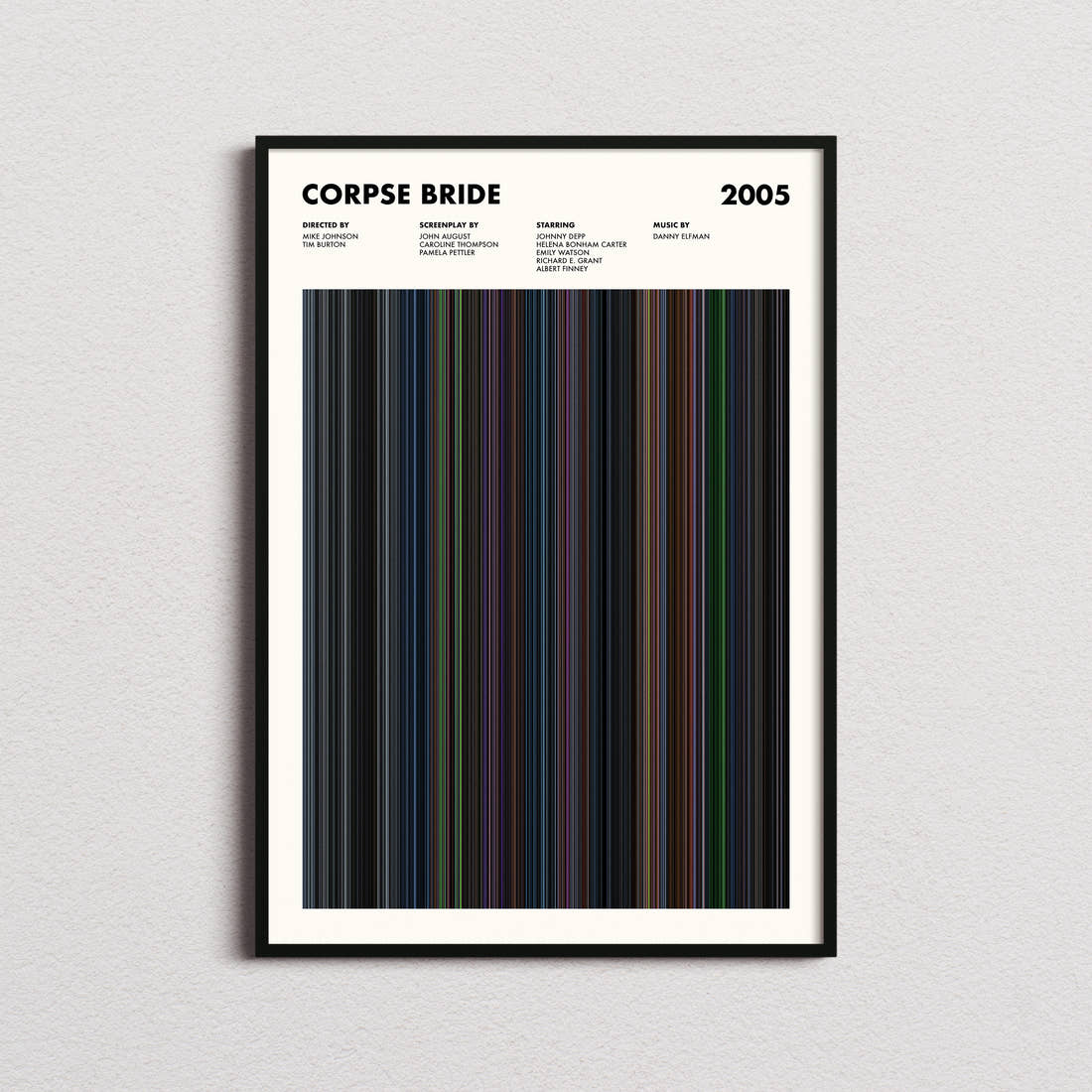 Corpse Bride Movie Barcode Poster framed on a plain studio wall
