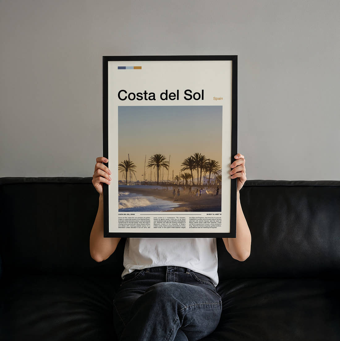 Costa del Sol Palm Trees On The Beach Travel Print held up by hand to show the size of the print