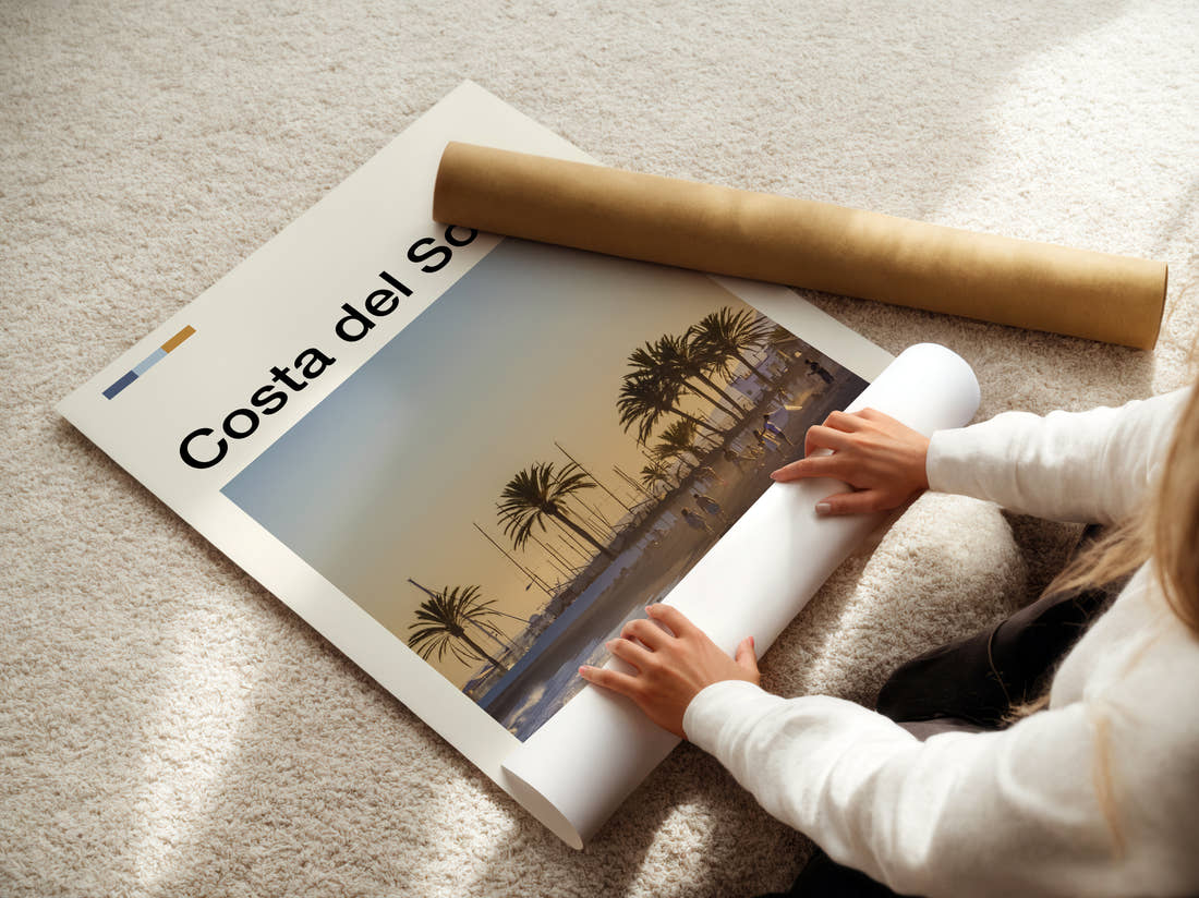 Costa del Sol Palm Trees On The Beach Travel Print being unrolled from its postal tube