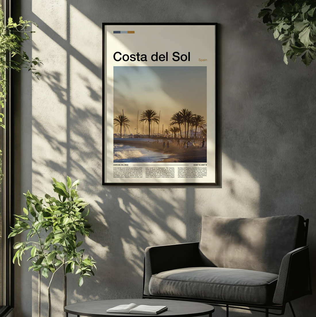 Costa del Sol Palm Trees On The Beach Travel Print framed on the wall of a relaxed living room