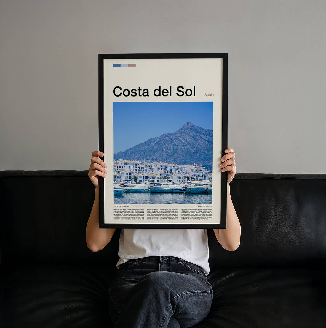 Costa del Sol Marina Below The Mountain Travel Print held up by hand to show the size of the print
