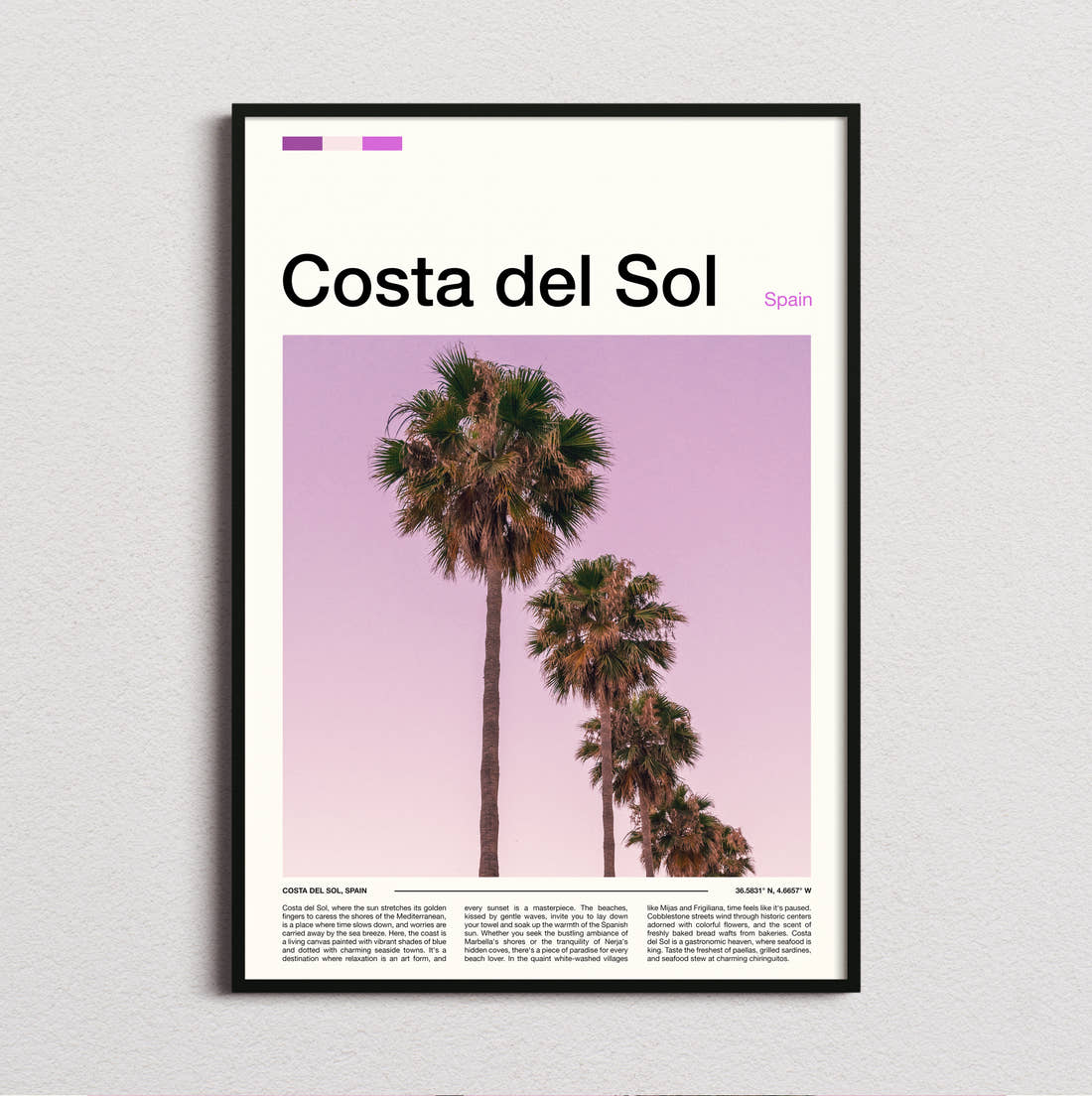 Costa del Sol Palm Trees Travel Print framed and photographed straight on