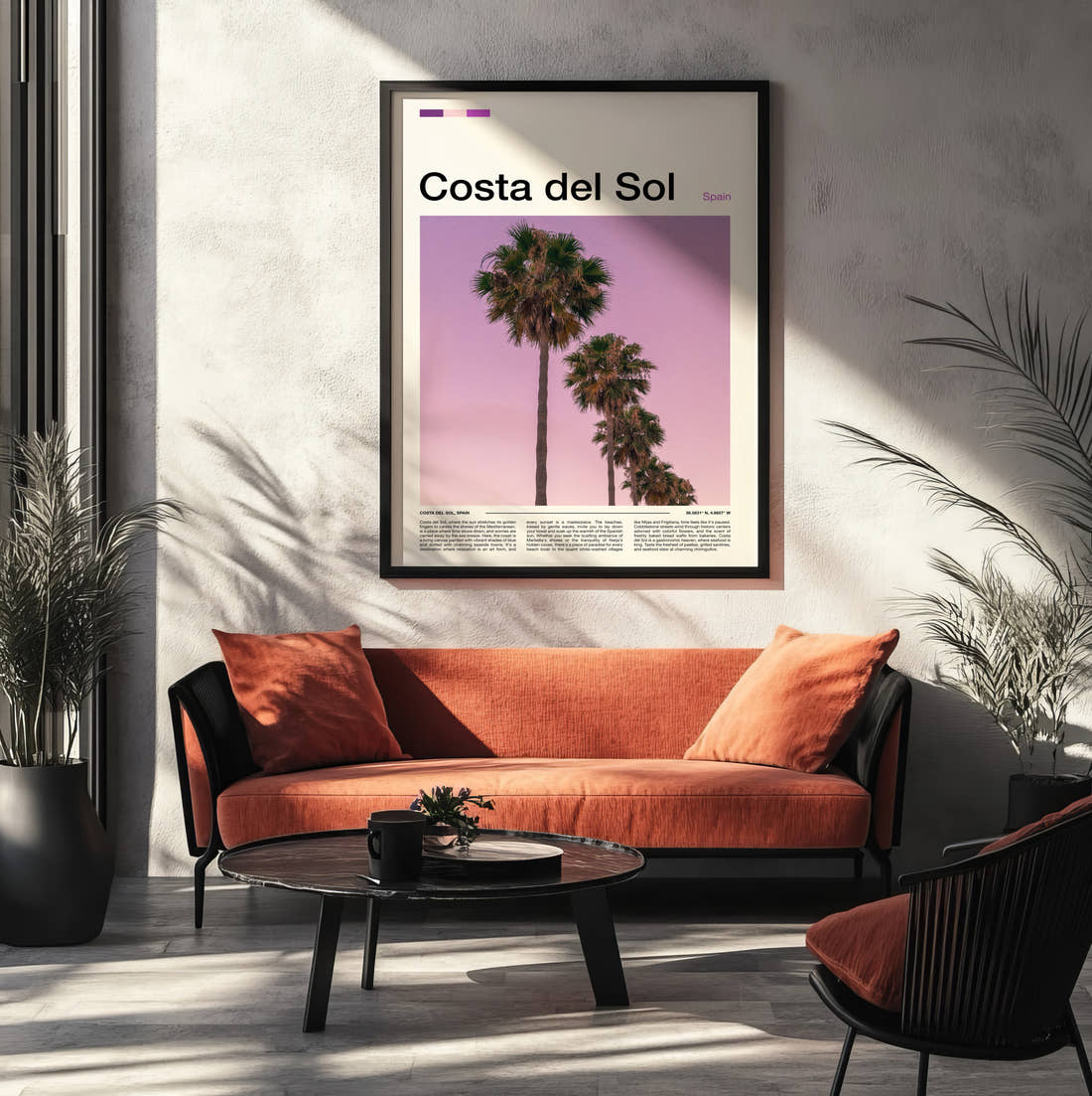 Costa del Sol Palm Trees Travel Print framed on the wall of a modern living room