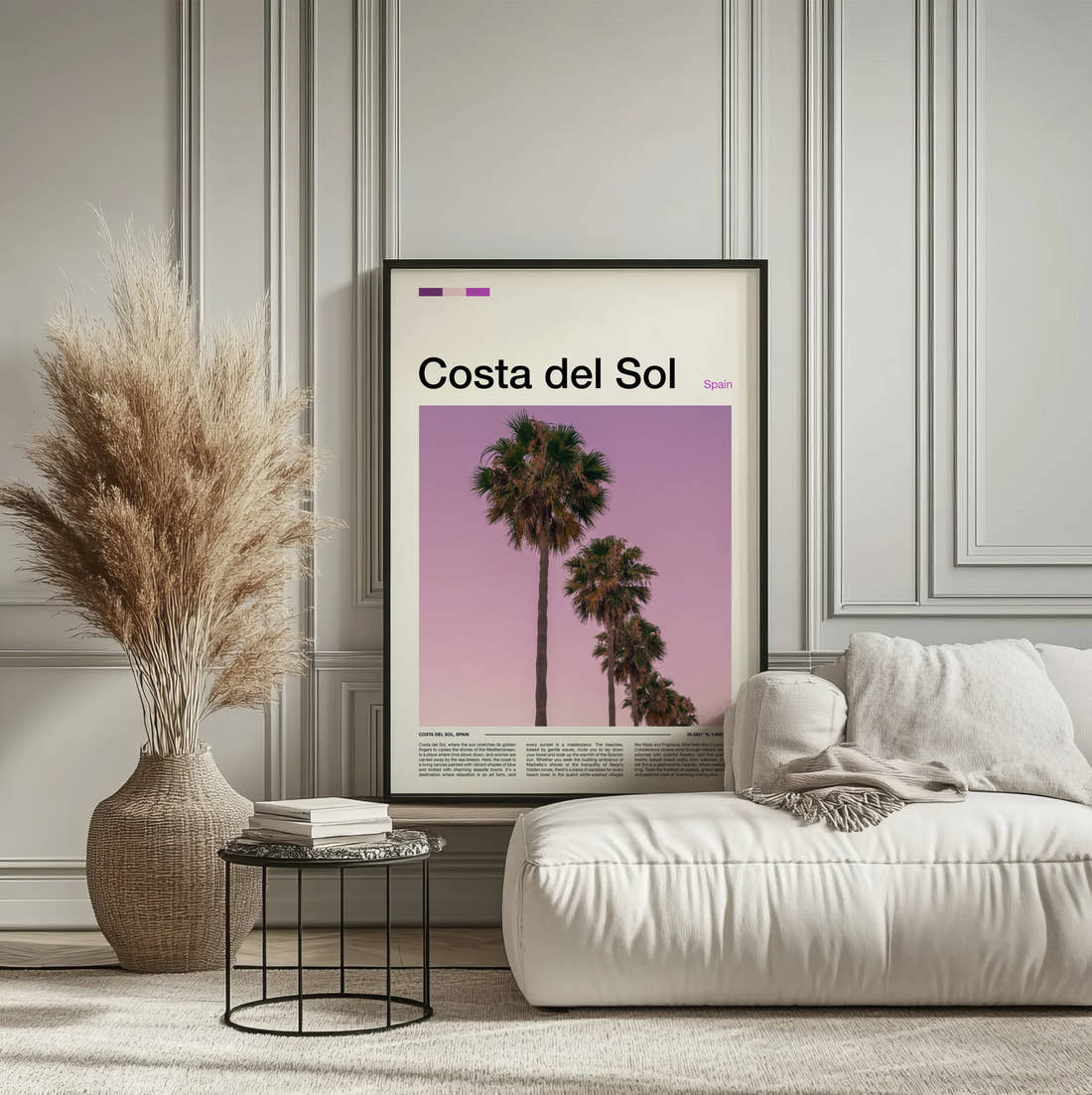 Costa del Sol Palm Trees Travel Print framed on the wall of a calm, neutral bedroom