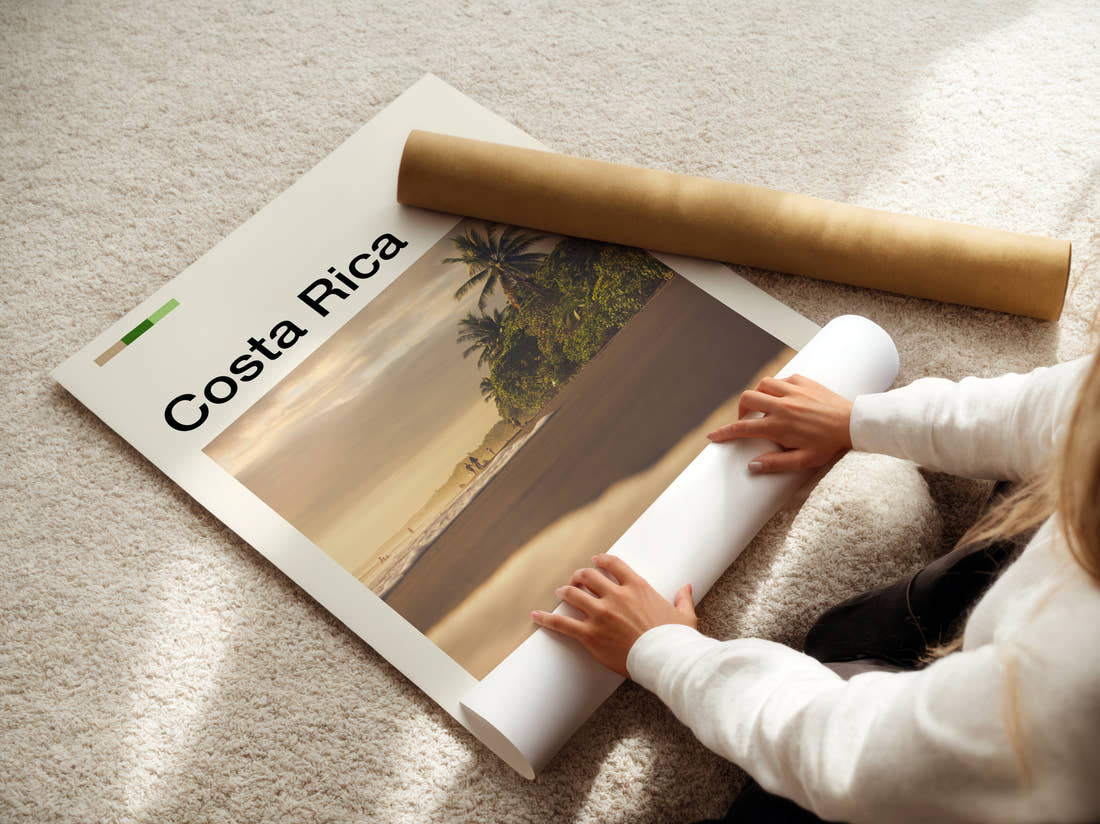 Costa Rica Palm Trees On The Beach Travel Print being unrolled from its postal tube