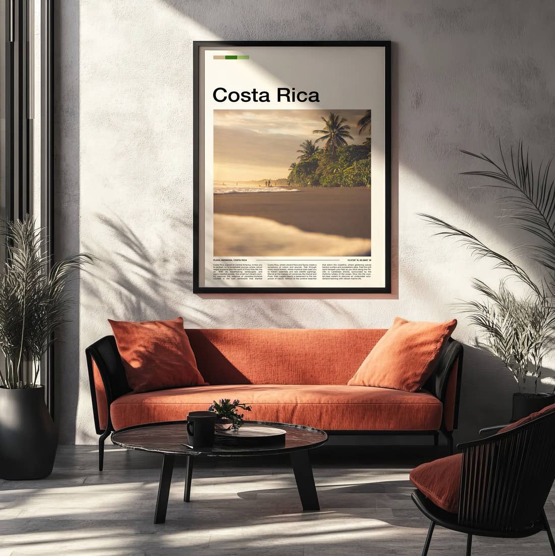 Costa Rica Palm Trees On The Beach Travel Print framed on the wall of a modern living room