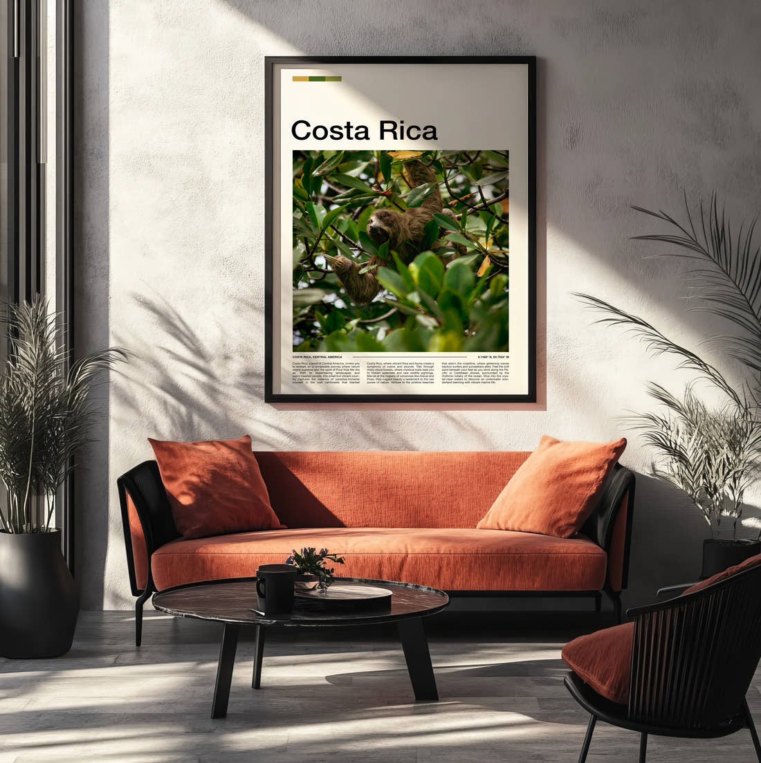 Costa Rica Sloth In A Tree Travel Print framed on the wall of a modern living room