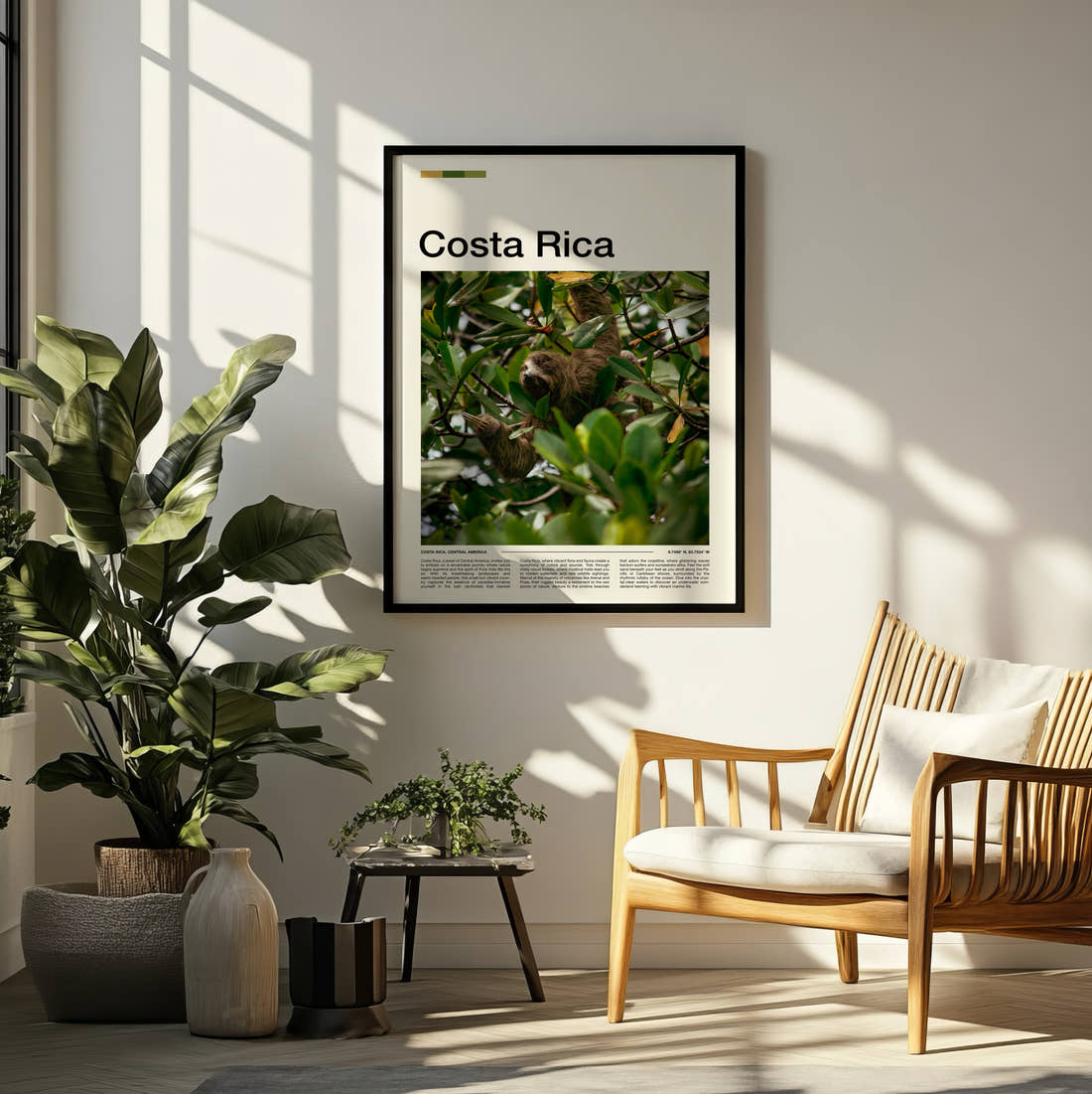 Costa Rica Sloth In A Tree Travel Print framed on a pale wall beside houseplants
