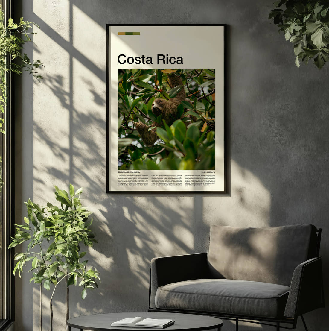 Costa Rica Sloth In A Tree Travel Print framed on the wall of a relaxed living room