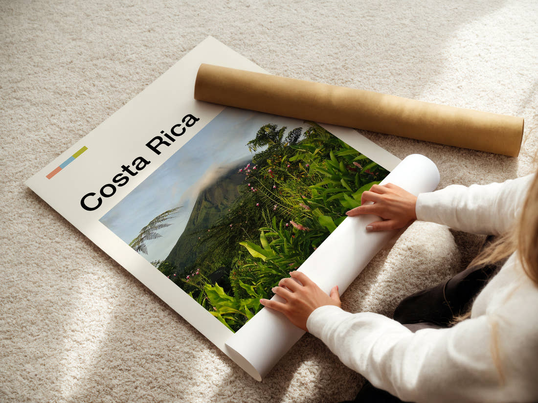 Costa Rica Volcano Above The Jungle Travel Print being unrolled from its postal tube