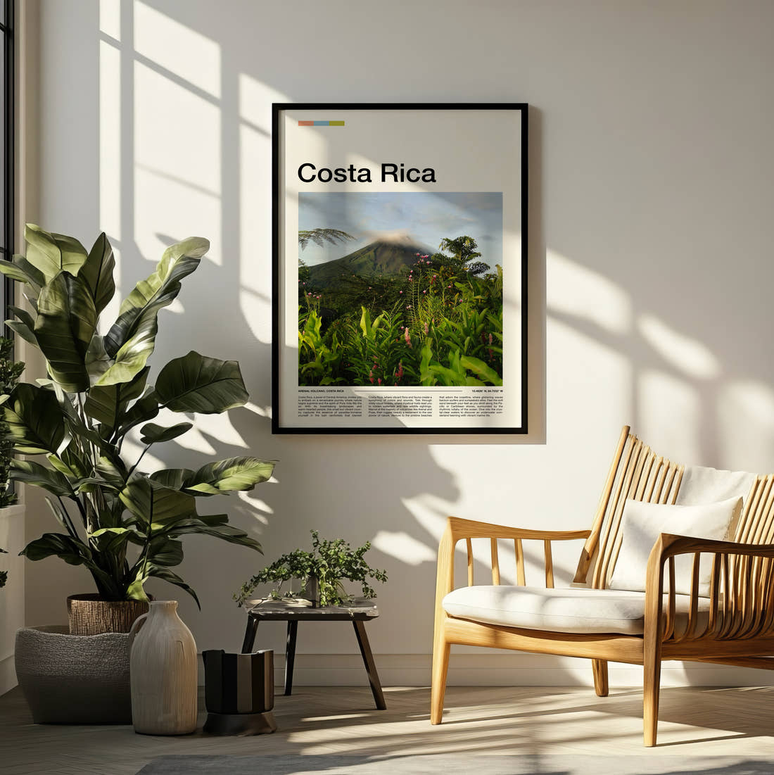 Costa Rica Volcano Above The Jungle Travel Print framed on a pale wall beside houseplants