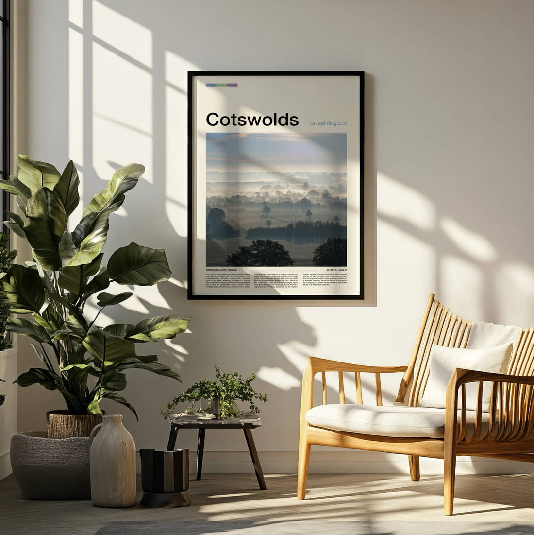 Cotswolds Misty Fields Travel Print framed on a pale wall beside houseplants