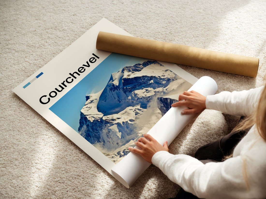 Courchevel Snowy Mountain Peak Travel Print being unrolled from its postal tube